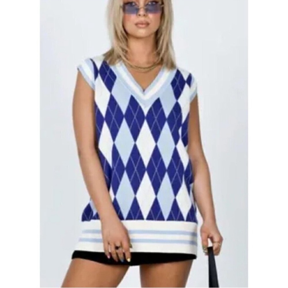 Princess Polly Women's Coen Blue Cream
Sweater Vest Argyle Preppy Size S/M